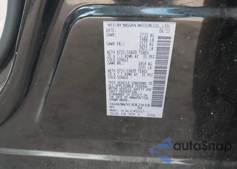 2015 Nissan Pathfinder Platinum из США, поврежденный, VIN 5N1AR2MN7FC682938